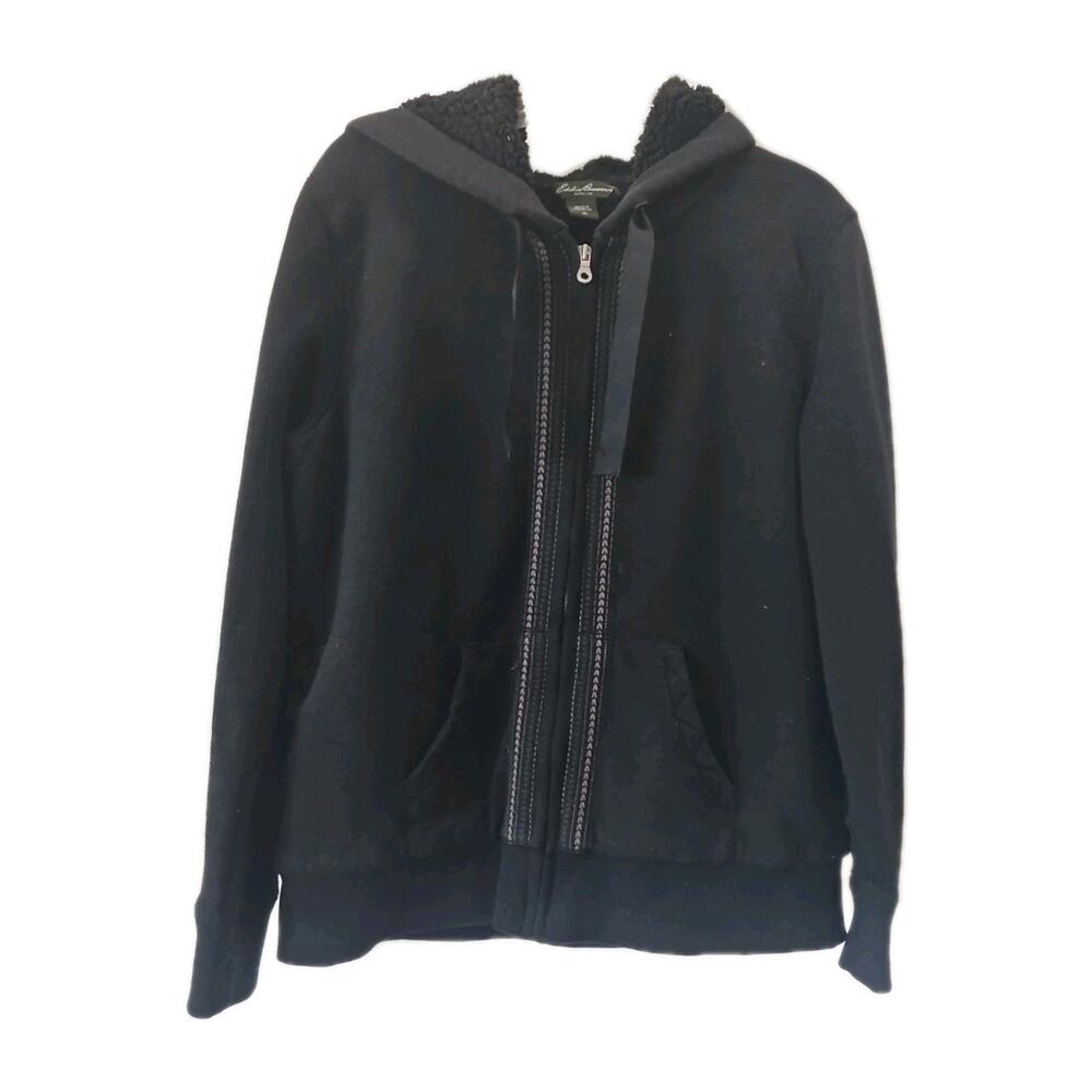 Eddie Bauer Hoodie Mens XL Black Full-Zip Textured Knit Heavyweight Cotton